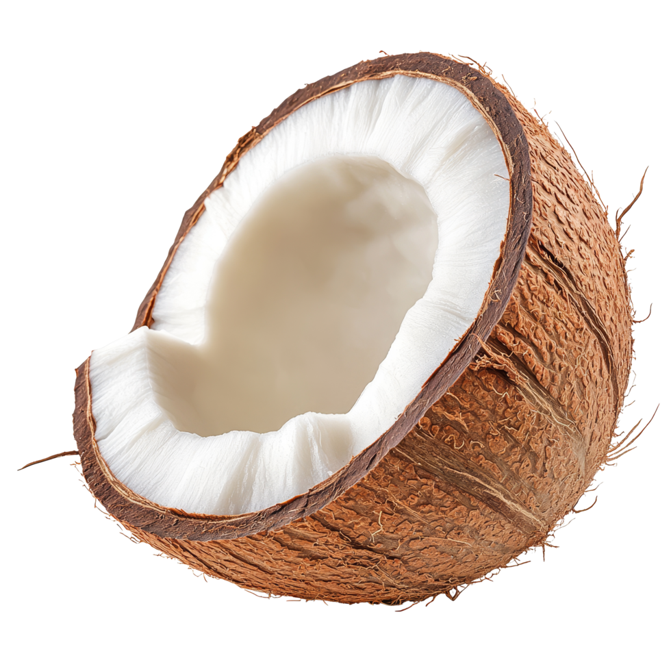 A fresh piece of coconut isolated on a transparent background showcasing its textured shell and creamy interior, Piece Coconut isolated in transparent background format png