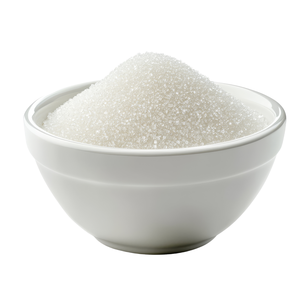 A bowl of transparent sugar on a transparent background highlighting its fine texture and purity, Bowl of transparent sugar isolated on transparent background png