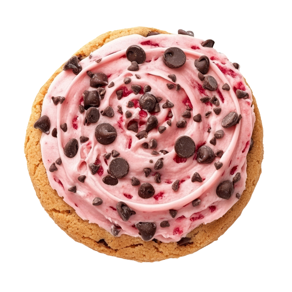 Delicious round chocolate chip cookie topped with creamy strawberry frosting and chocolate chips, round chocolate chip cookie with strawberry cream isolated on transparent backgroundfile png