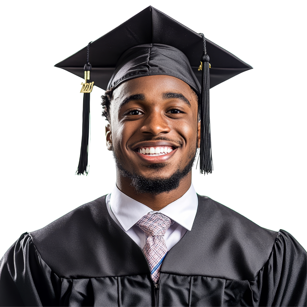 Smiling Black male graduate in cap and gown looks forward to future success on transparent background, Smiling Black Male Graduate Ready for Future on transparent background png