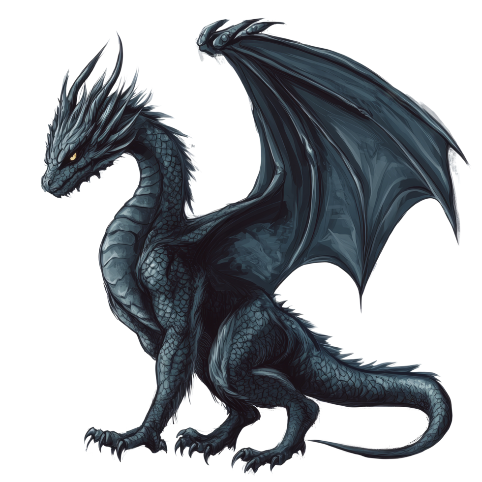 A majestic black dragon with intricate scales and wings poised, ready for flight against a transparent background, Illustration of a dragon on transparent background png