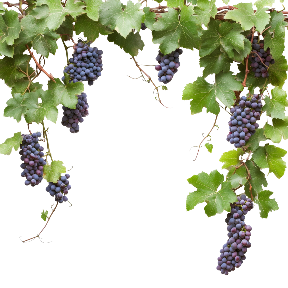 Fresh organic grape vines showcasing ripe clusters with lush green leaves on a bright transparent background, Fresh organic grape with leaves on transparent background png