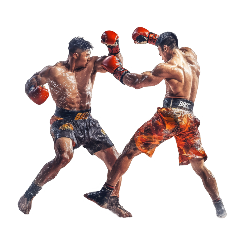 Muay Thai fighters display their skills in an intense match against a clean transparent backdrop, Muay Thai Fighters in Action on transparent background png
