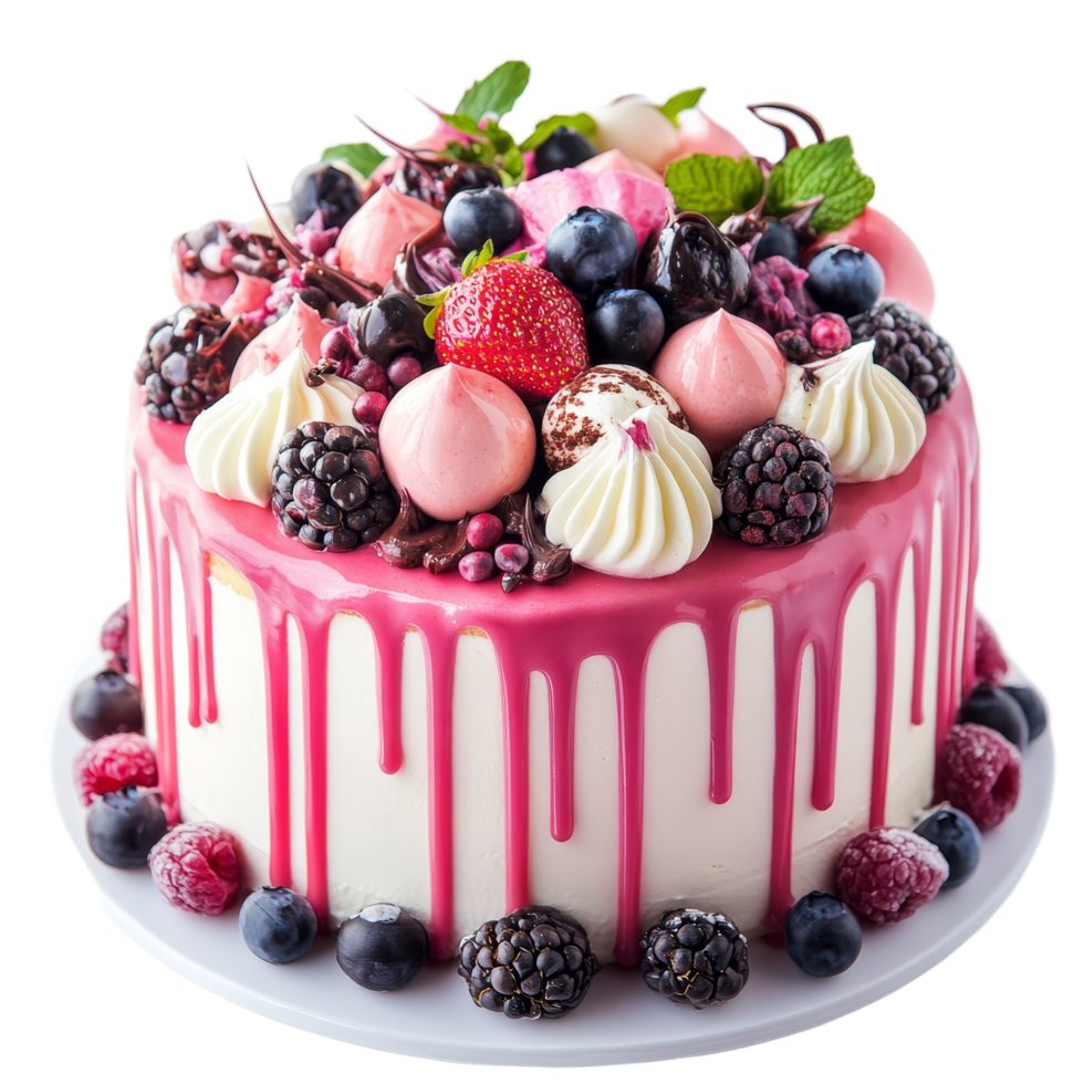 Deliciously decorated cake with vibrant toppings on a clean transparent backdrop, Beautiful whole cake on transparent background png