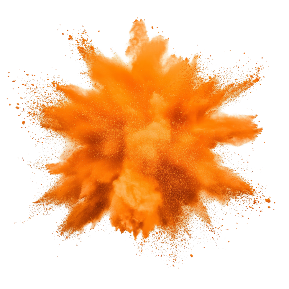 Dynamic orange powder explosion isolated on a transparent background capturing the vibrant energy of color and motion, orange color powder explosion isolated on transparent background png