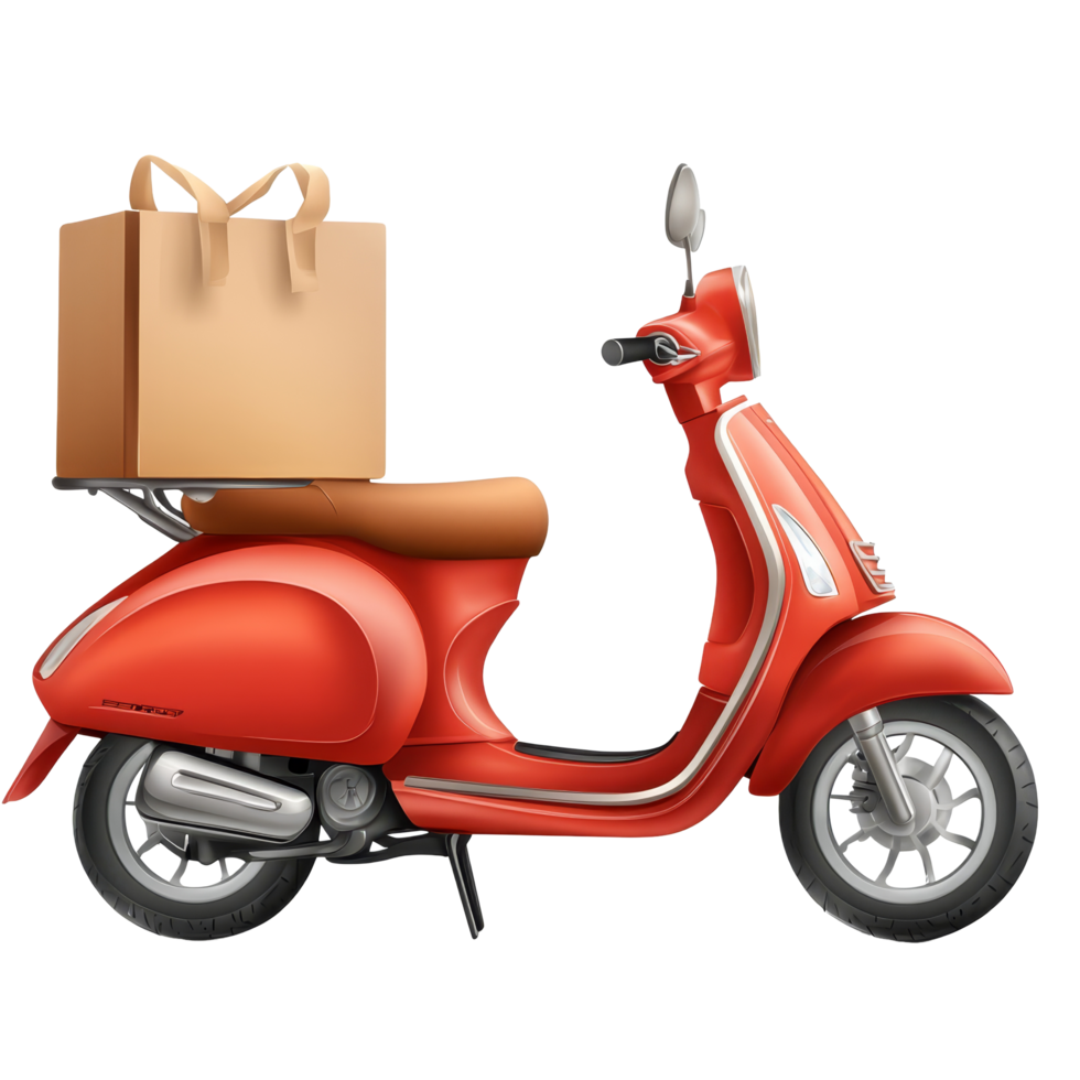 Red scooter with delivery package parked on a transparent background during the day, food delivery in scooter on transparent background png