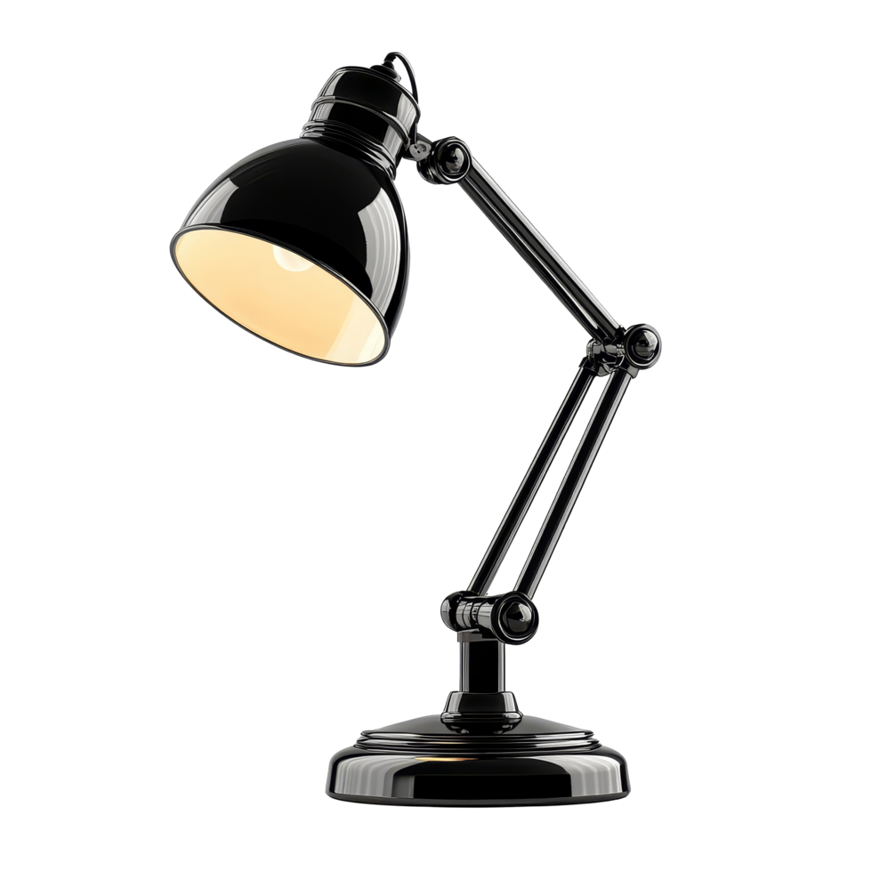 A sleek black desk lamp isolated on a transparent background, perfect for adding style to any workspace or reading nook, lamp desk isolated on transparent background png