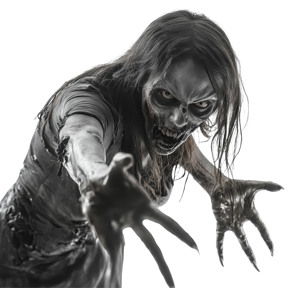 A female zombie reaching out with clawed hands against a clean transparent background in a haunting portrayal of the undead, Female Zombie Reaching Out with Claws on transparent background png