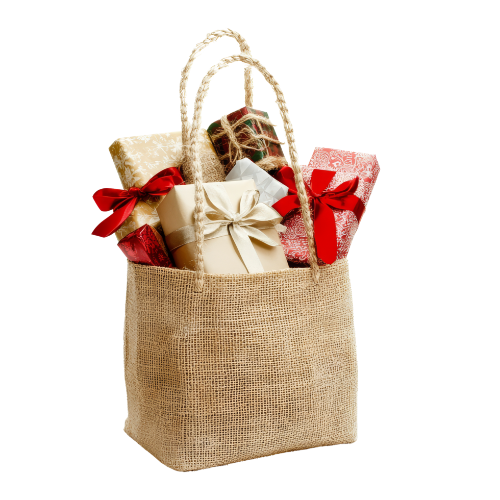 A burlap shopping bag filled with colorful wrapped gifts for special occasions, Shopping bag full of gifts isolated on with background png