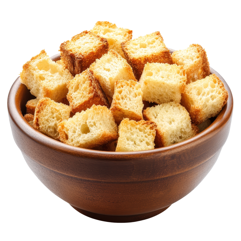 Crispy croutons piled high in a wooden bowl ready to add flavor and texture to salads and soups, Crispy croutons in bowl isolated Stock Photo png