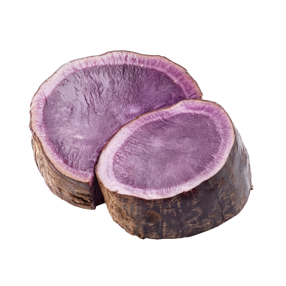 Sliced taro root showcasing vibrant purple interior on a clean transparent background for culinary use, taro slice on transparent background png