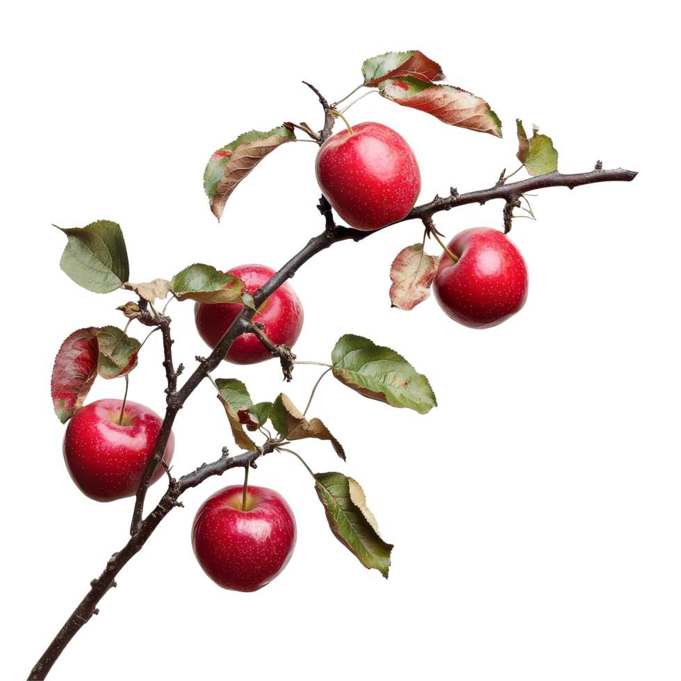 A branch of fresh red apples with green leaves on a clean transparent background showcasing natural beauty, Branch of delicious apples on whtie background cutouts png