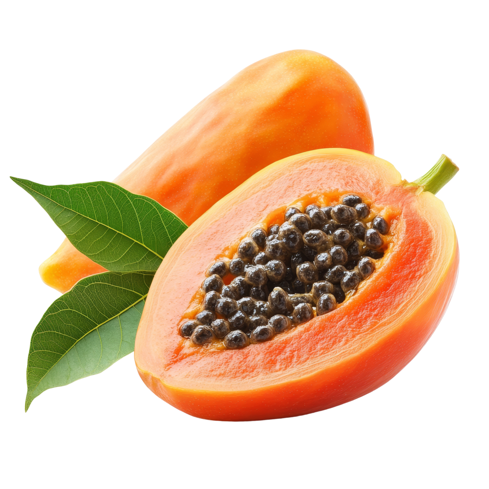 Fresh ripe papaya with vibrant red flesh and black seeds accompanied by a green leaf on a transparent backdrop, ripe papaya with leaf on transparent background png