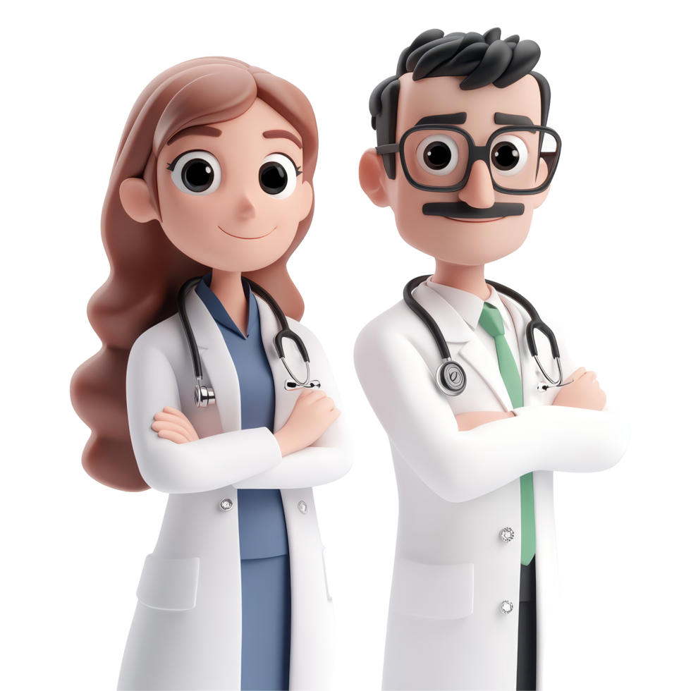 Two doctors confidently pose against a transparent background, highlighting their professionalism, 3D Male and female doctor on transparent background png