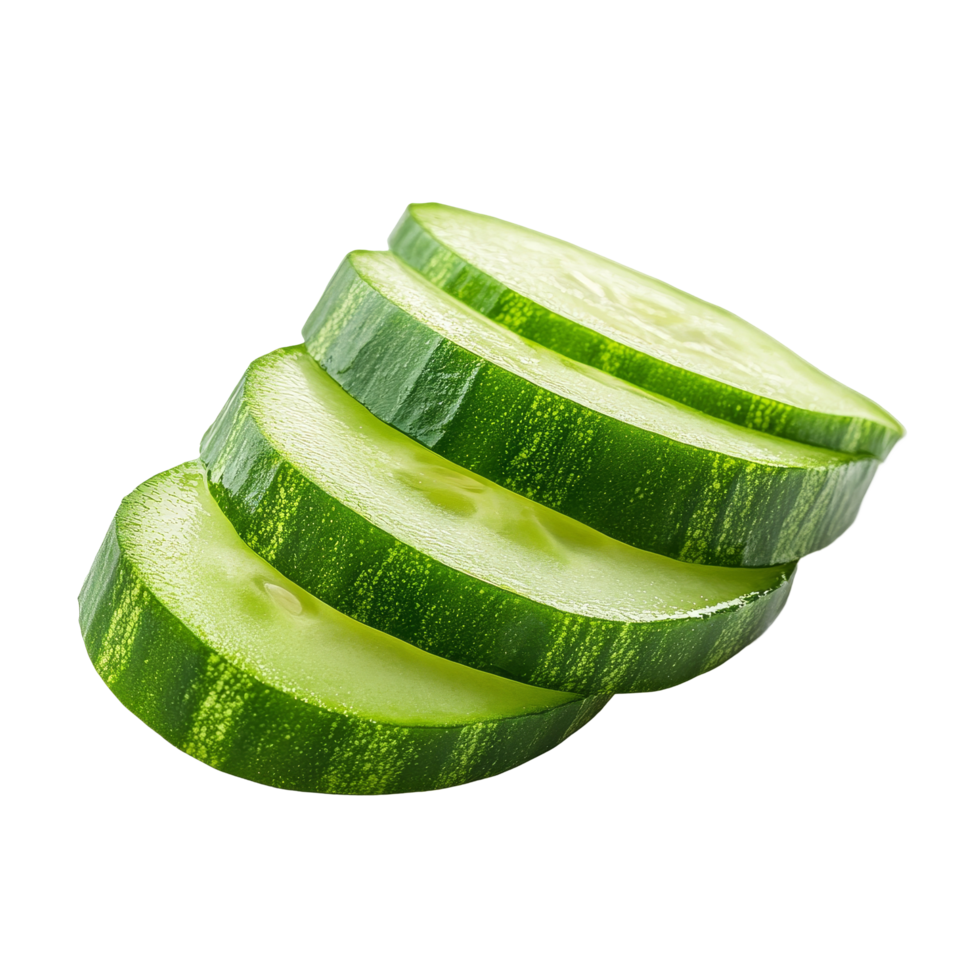Freshly sliced cucumber pieces on a clean transparent background showcasing vibrant green color and crisp texture, Fresh sliced cucumber isolated on transparent background png
