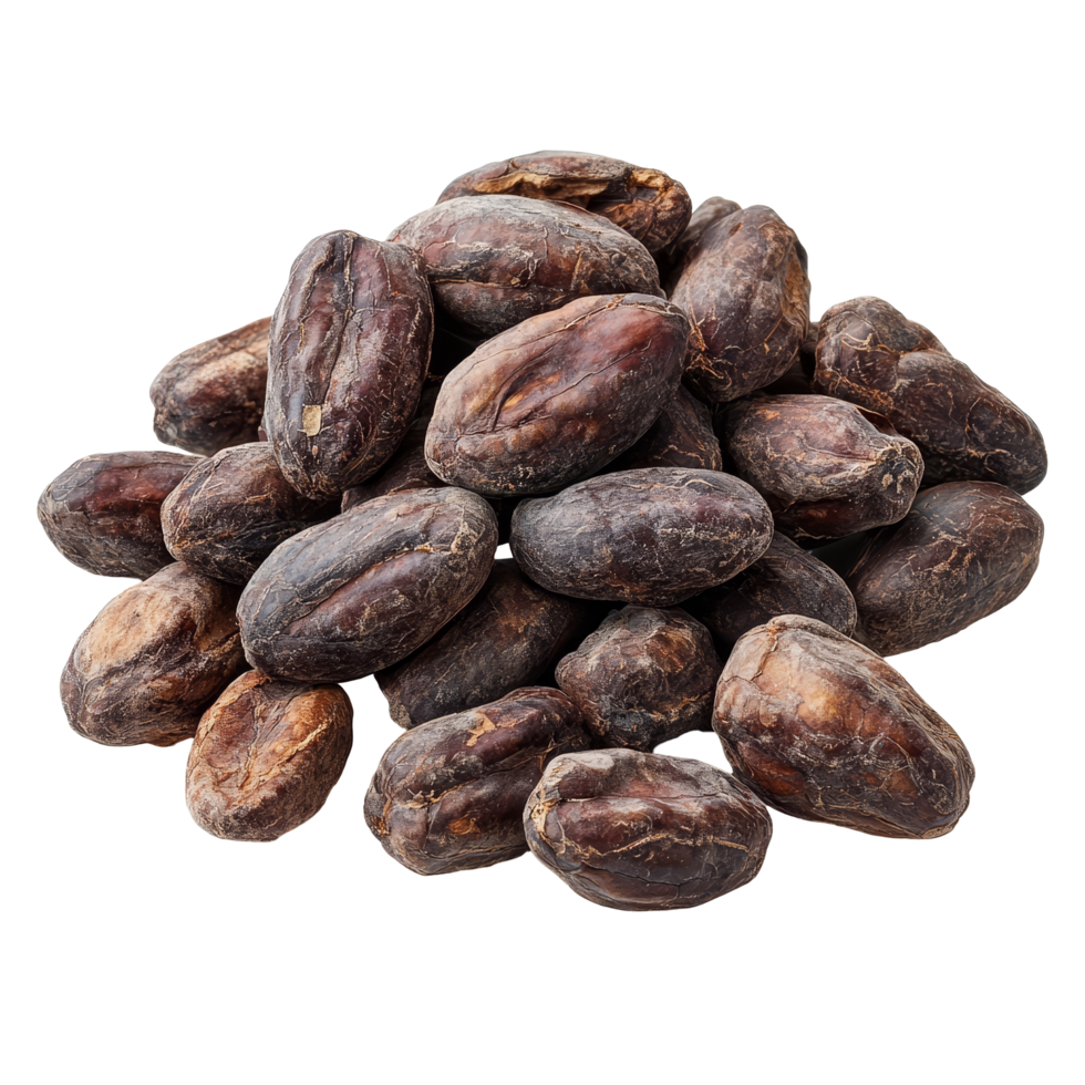 Cocoa beans isolated on a transparent background showcasing their natural dark color and unique texture in a arrangement, Cocoa beans isolated on transparent background png
