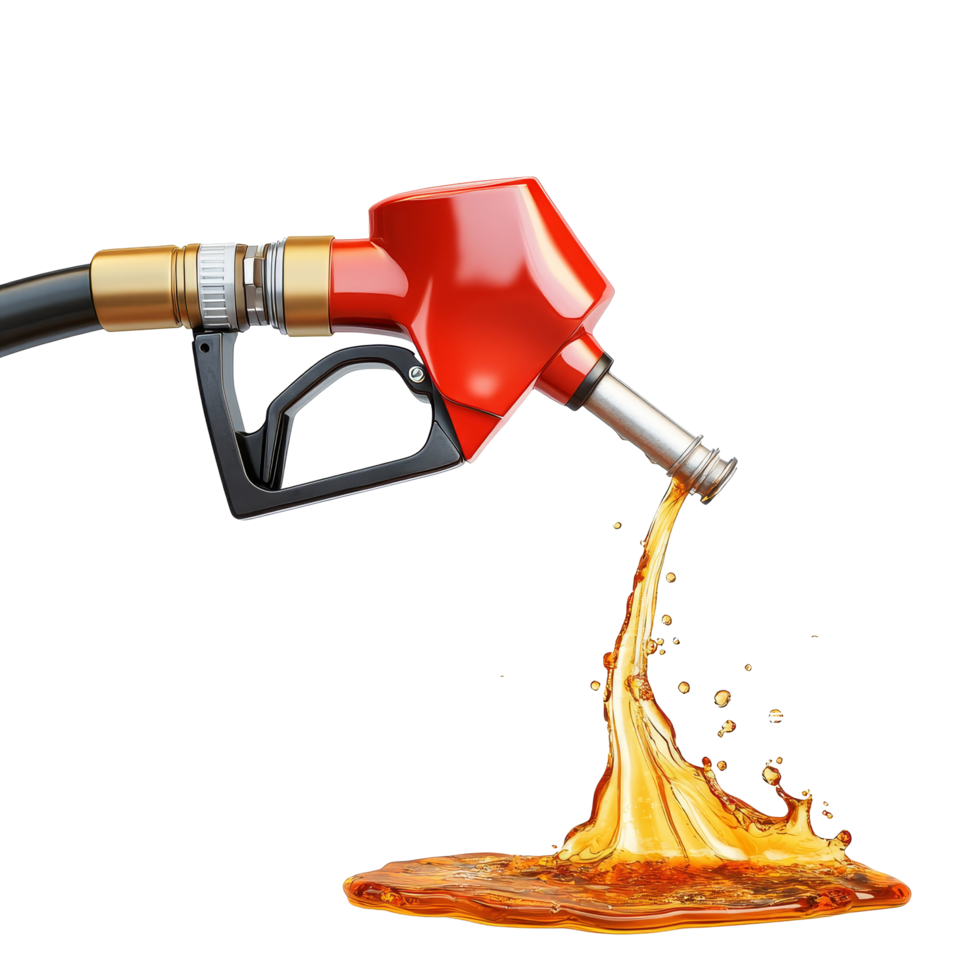 Gasoline gushing out from a fuel pump on a clean transparent background during a bright daylight setting, Gasoline gushing out from pump isolated on transparent background png
