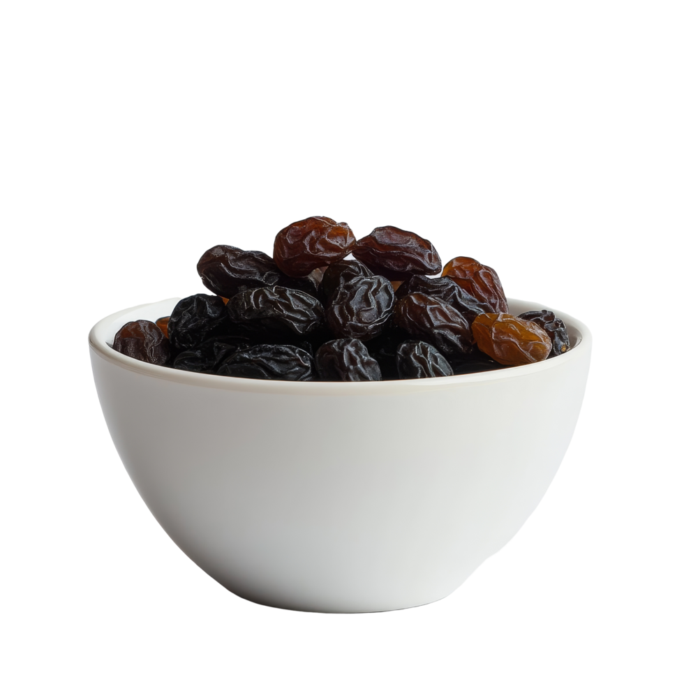 Raisin bowl filled with assorted raisins on a simple transparent background for healthy snacking options, raisin in the transparent bowl on transparent background png