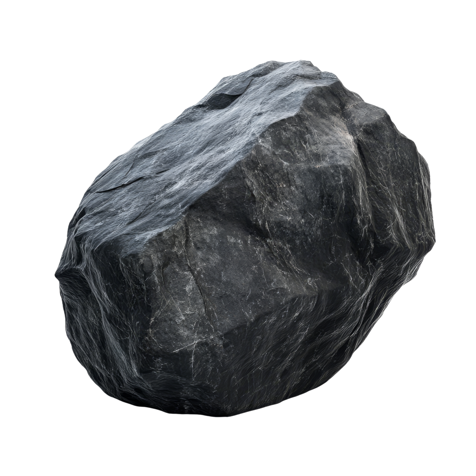 A large black boulder rock isolated on a transparent background displays its unique texture and shape, big black boulder rock isolated on transparent background png