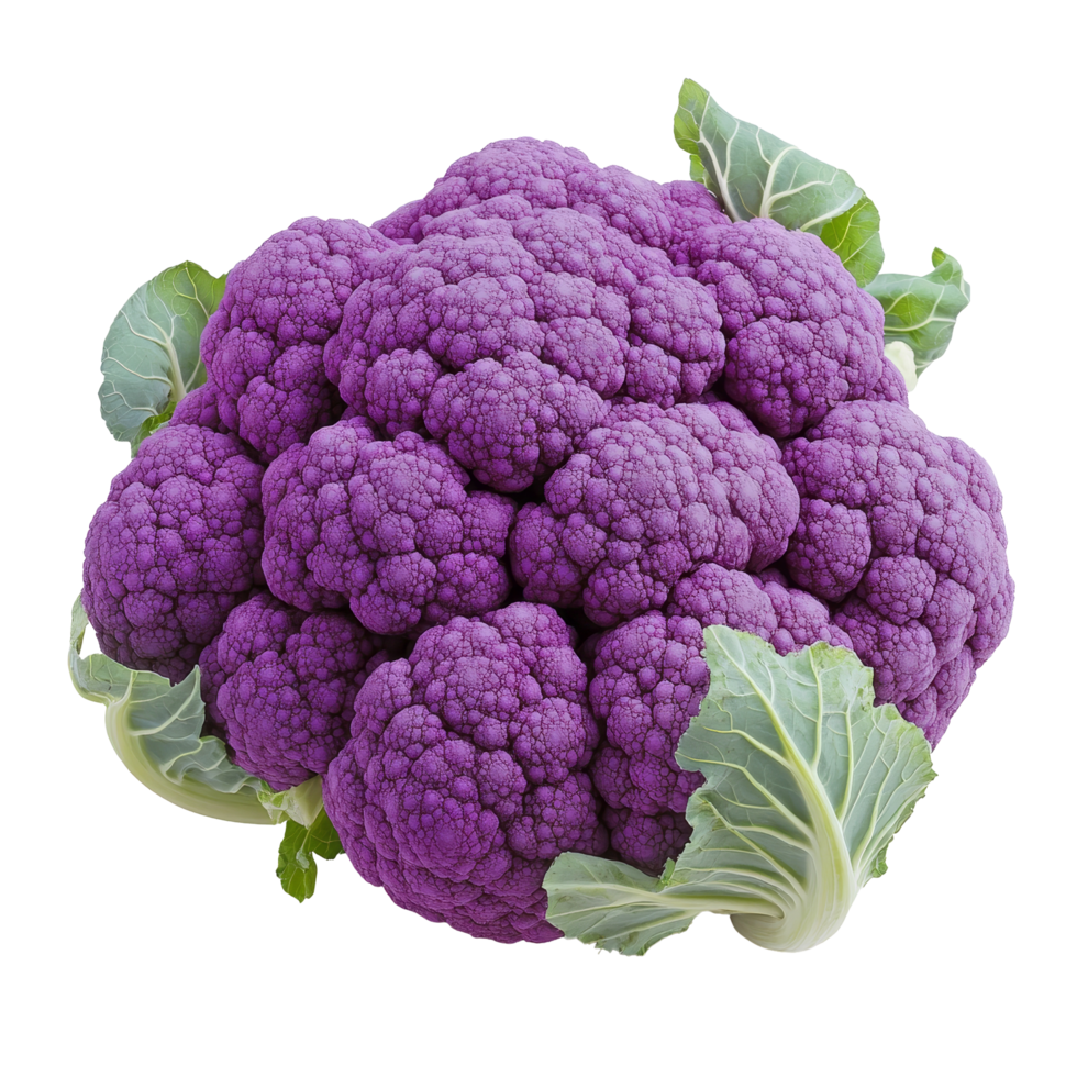 Freshly harvested purple cauliflower with vibrant green leaves on a clean transparent background, fresh purple cauliflower on transparent background png
