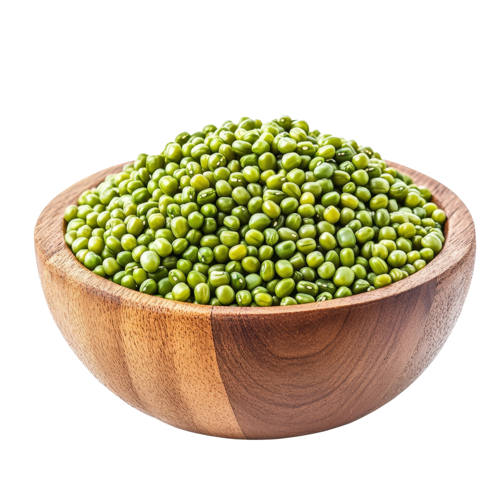 Peeled split mung beans in a wooden bowl isolated against a transparent background, Peeled split mung beans in wood bowl isolated on transparent background png
