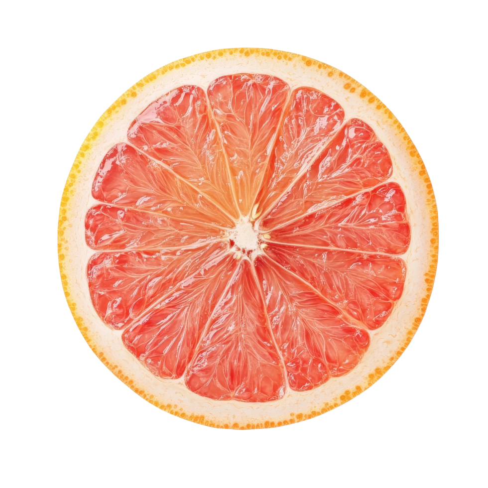 Freshly cut slice of ripe pink grapefruit showcasing juicy segments and vibrant colors against a transparent background, Ripe slice of pink grapefruit citrus fruit isolated on transparent background png