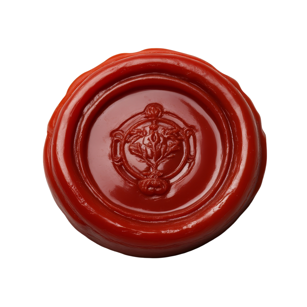 A vibrant red wax seal designed with intricate floral patterns for authentic document sealing or crafting, Wax seal isolated png