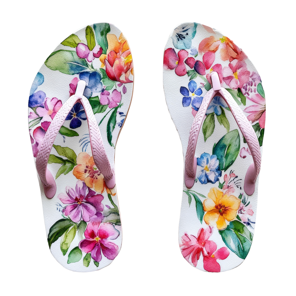 Floral watercolor flip flops with vibrant patterns on a clean transparent background, perfect for summer outings, floral flipflops on a transparent background png