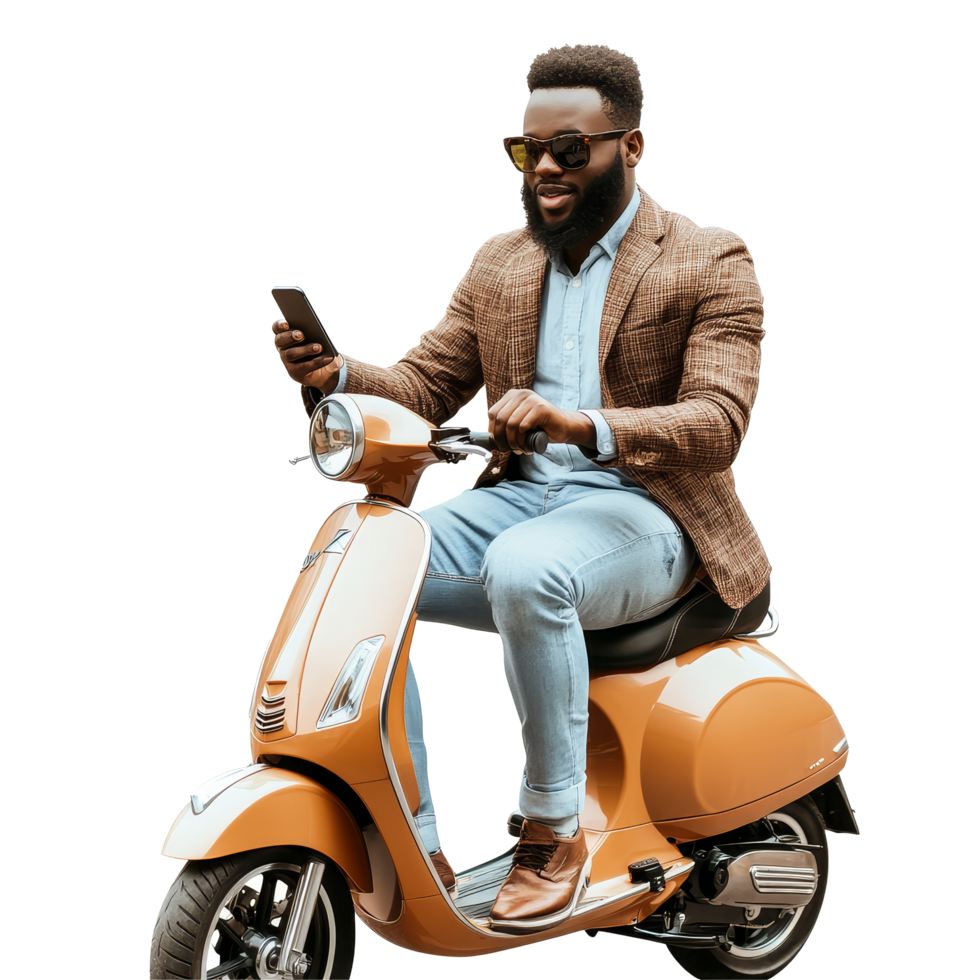 A businessman in a blazer rides a scooter while using his smartphone on a bright urban street setting, file no background Businessman riding a scooter and using his smartphone png