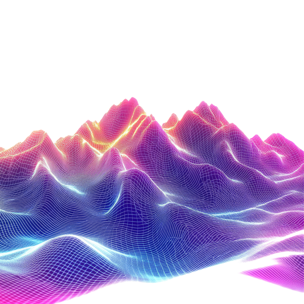 Colorful neon line mountains create a vibrant digital landscape against a stark transparent backdrop, Neon Line Mountains on transparent background Digital Landscape Art png