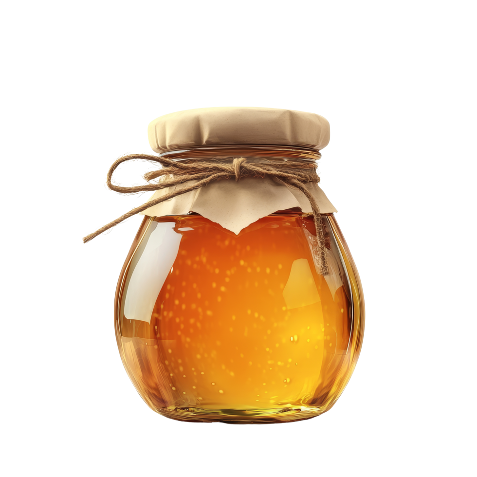Natural honey jar with a simple twine bow on a clean transparent background showcasing its pure golden texture, honey jar on transparent background png