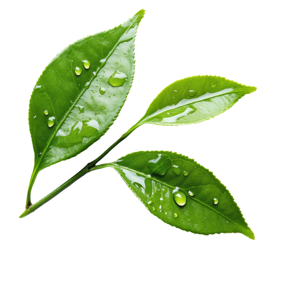 Fresh green tea leaves glistening with water droplets against a clean transparent background, tea leaves with drops on transparent background png