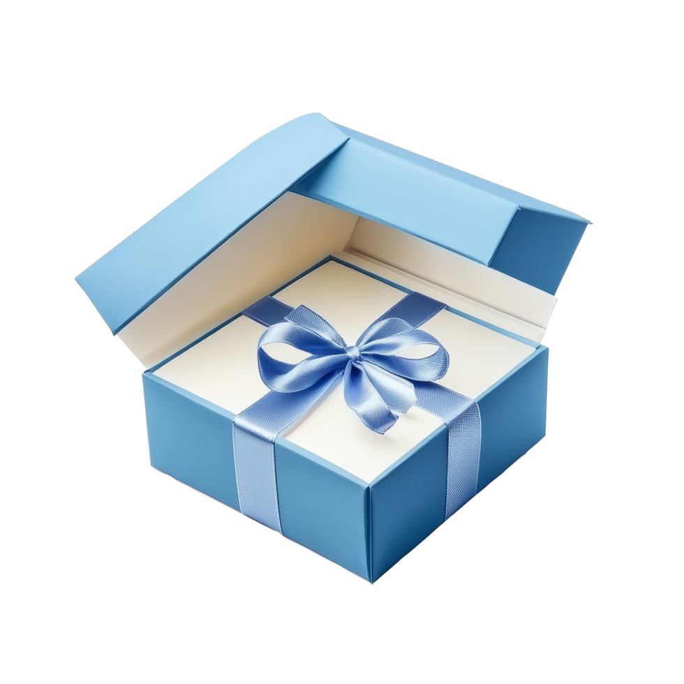 Open blue gift box with ribbon presented on a transparent background for special occasions, Blue open gift box with ribbon over transparent background png