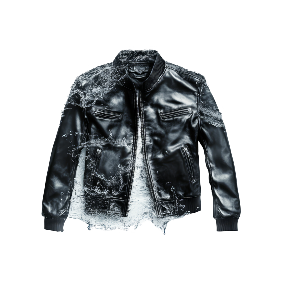 A stylish black leather jacket splashes into water against a clean, transparent background, jacket leather and water provided on transparent background png