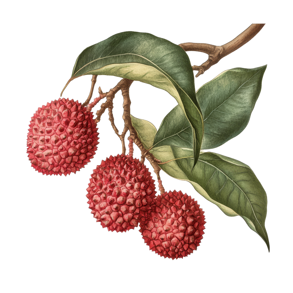A detailed botanical illustration of ripe lychee fruit with green leaves on a clean transparent background, Lychee Isolated on transparent background Old Botanical Illustration png