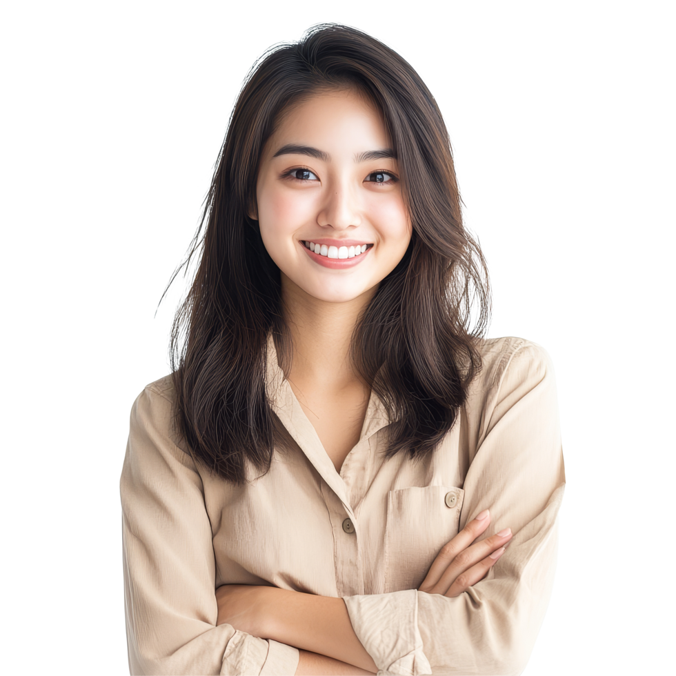 A joyful young Asian woman smiling warmly at the camera in a bright, modern space during a sunny day, Portrait of a Young modern Asian woman smiling and looking at camera isolated on transparent background png