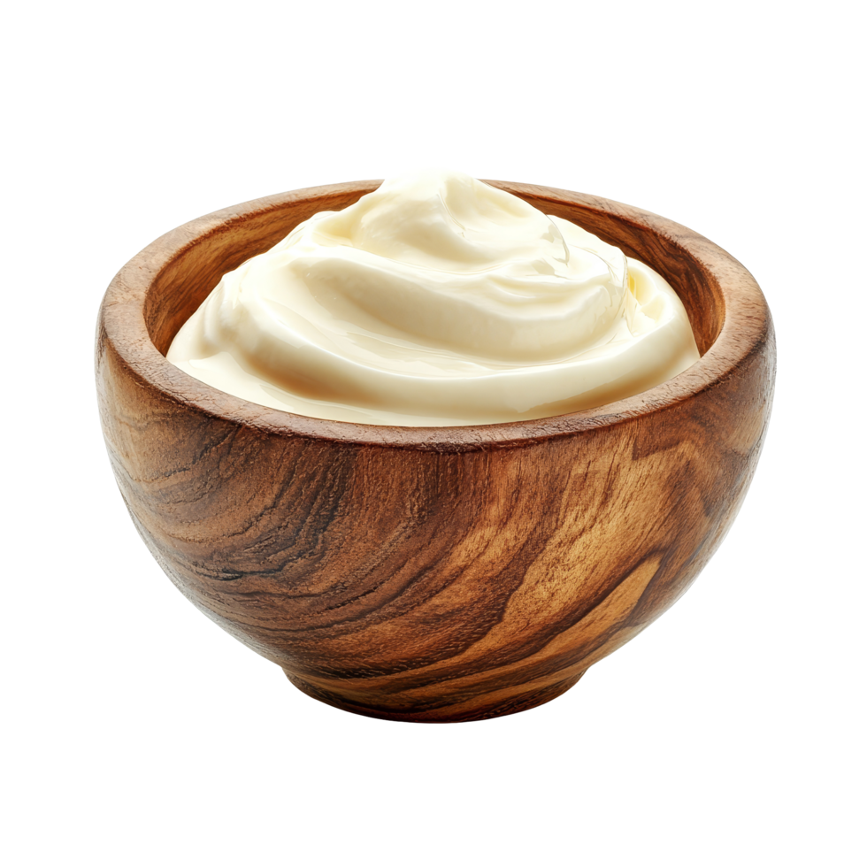 Wooden bowl filled with creamy yogurt on a clean transparent background ready for serving or enjoying, wood bowl of yogurt isolated on transparent background png