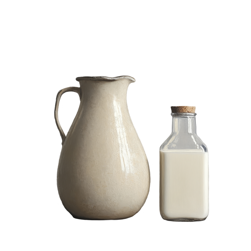 A rustic milk jug and a glass bottle of fresh milk set on a wooden table against a neutral backdrop, Milk in a jug and a bottle of milk png