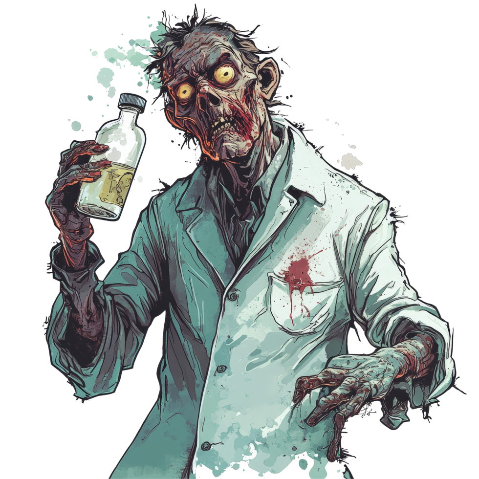 Zombie scientist holding a vial in a lab coat on a stark transparent background, evoking a chilling atmosphere, zombie scientist on transparent background png