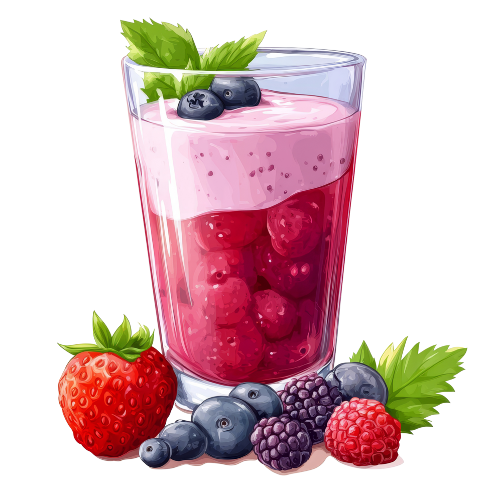 Refreshing mixed berries yogurt drink displayed in a glass garnished with mint leaves on a transparent background, Mixed berries yogurt drink isolated Stock Illustration png
