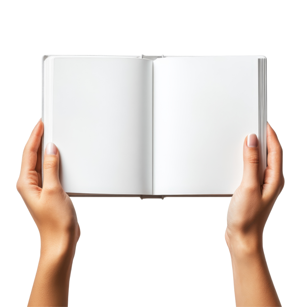 Hands holding an open blank hardcover book mockup against a transparent background, Hands holding open book mockup, blank hard cover mockup isolated on transparent background png