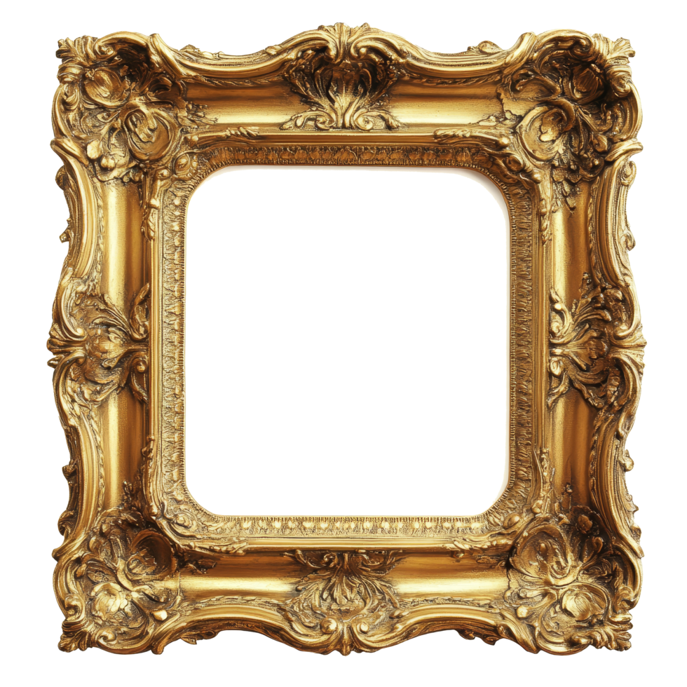 Elegant golden baroque picture frame isolated on a transparent background for artistic display and design projects, golden baroque picture frame isolated on transparent background png