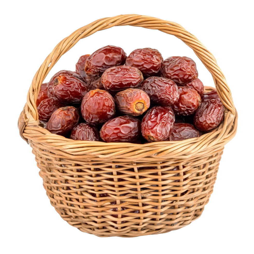 Dried red dates placed in a woven basket on a transparent surface inviting a closer look at their rich texture, Dried red date or Chinese jujube in basket on transparent background png