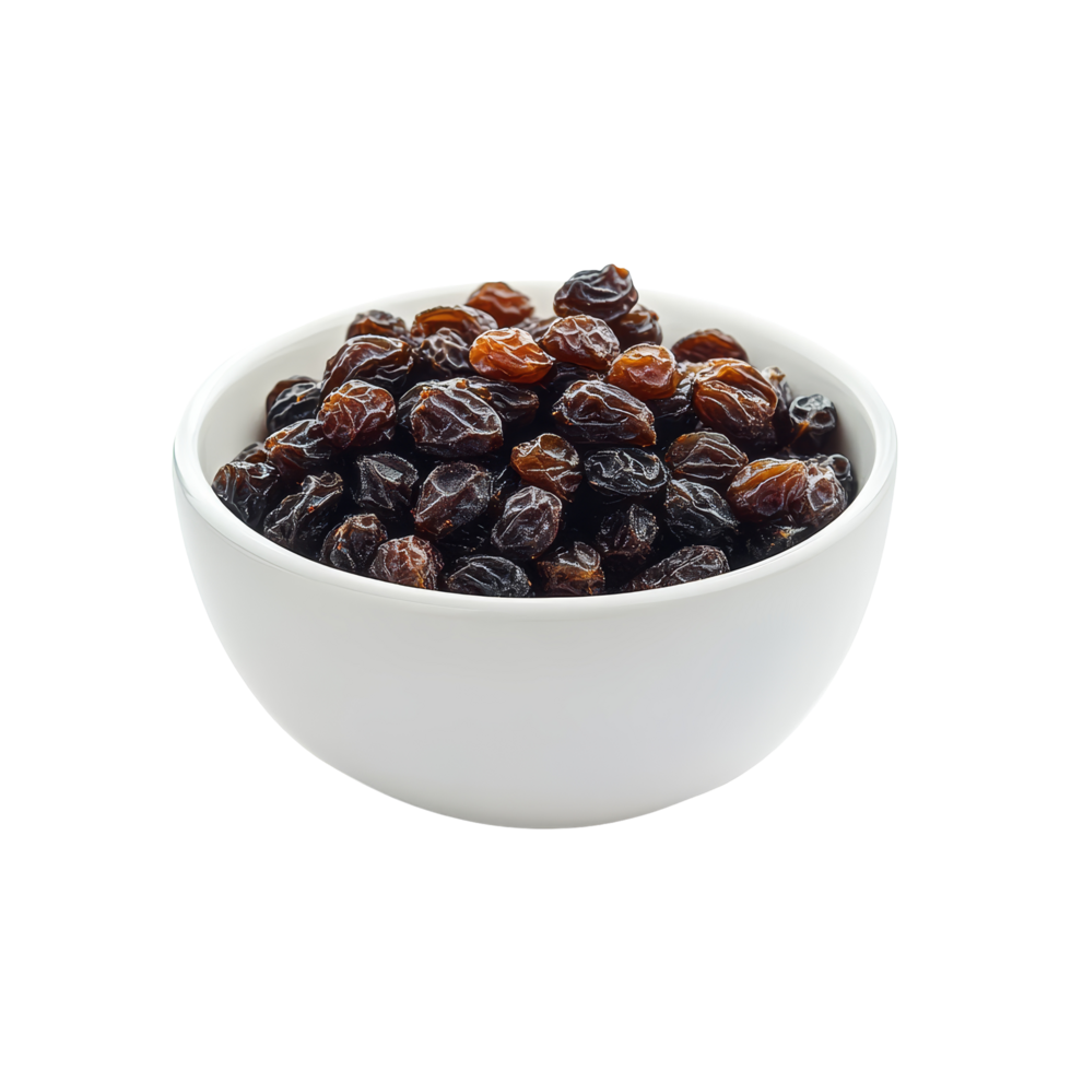 Fresh raisins in a transparent bowl, highlighting natural textures and colors against a crisp transparent background, raisin in the transparent bowl on transparent background png