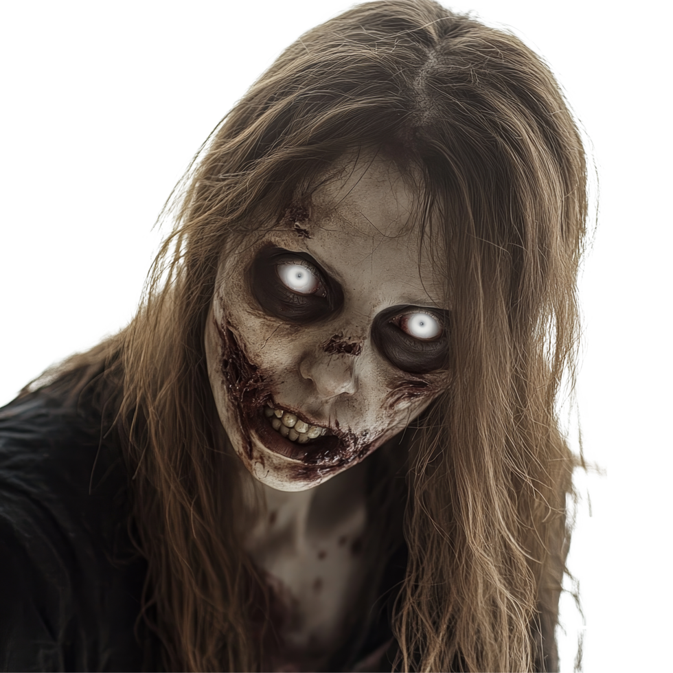 A haunting portrait of a female zombie with transparent eyes and disheveled hair against a stark transparent background, Portrait of a Female Zombie with transparent Eyes on transparent background png