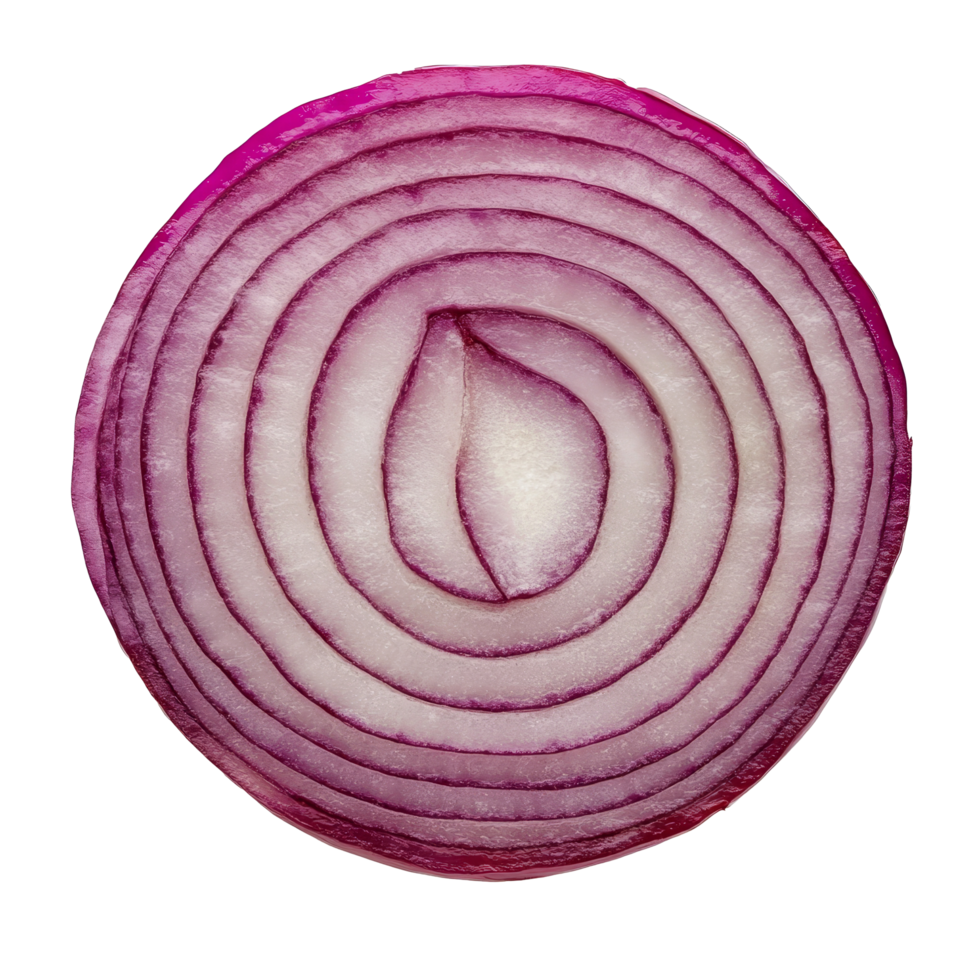 A sliced red onion showing its inner layers on a transparent background, ready for culinary use, Slice onion isolated on transparent background png