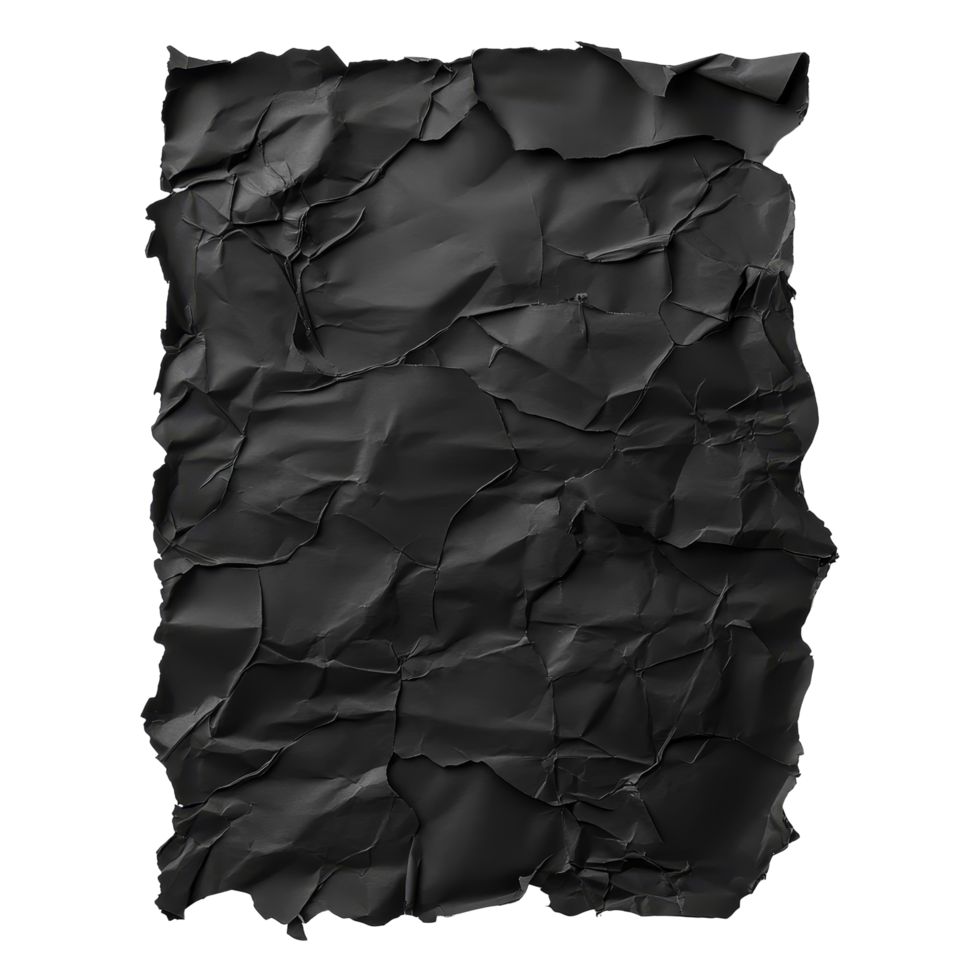 Torn black sheet of paper pieces scattered on a transparent background creating a textured visual contrast, a black sheet of paper torn to pieces on transparent backgroundfile png