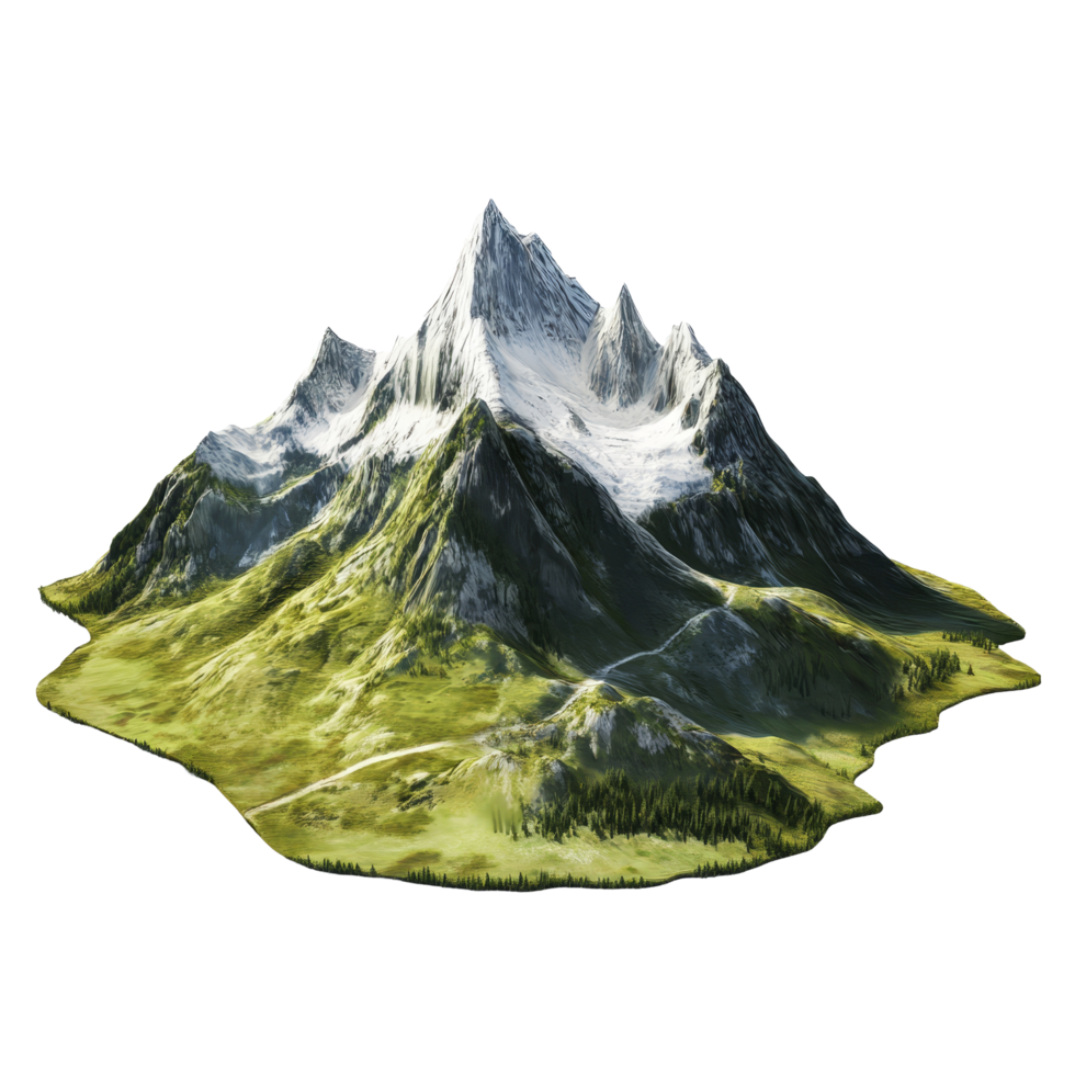 Mountain landscape featuring a snow-capped peak and lush green fields set against a bright transparent background, mountain landscape isolated on transparent background png