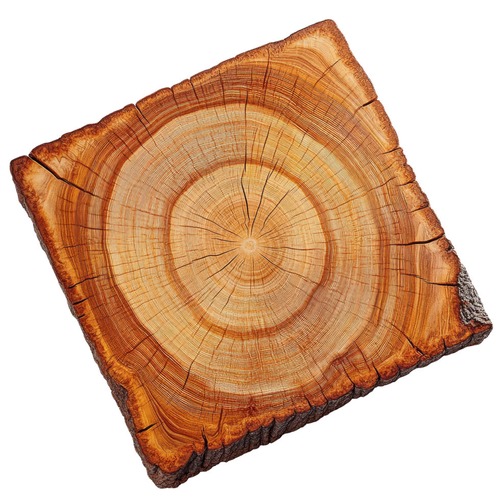 Tree trunk cross section cutting board showcasing natural wood grain and patterns for kitchen use, tree trunk cross section, A cutting board made of crosssectional wood. png