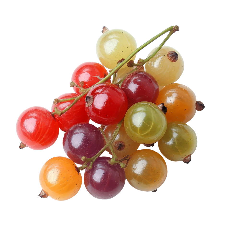 A cluster of ripe Bengal currants displayed on a transparent surface showcasing their vibrant colors and unique shapes, Carissa carandas Linn or Bengal currants, Karanda Carunda fruits on transparent background png